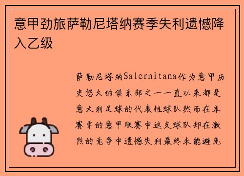 意甲劲旅萨勒尼塔纳赛季失利遗憾降入乙级